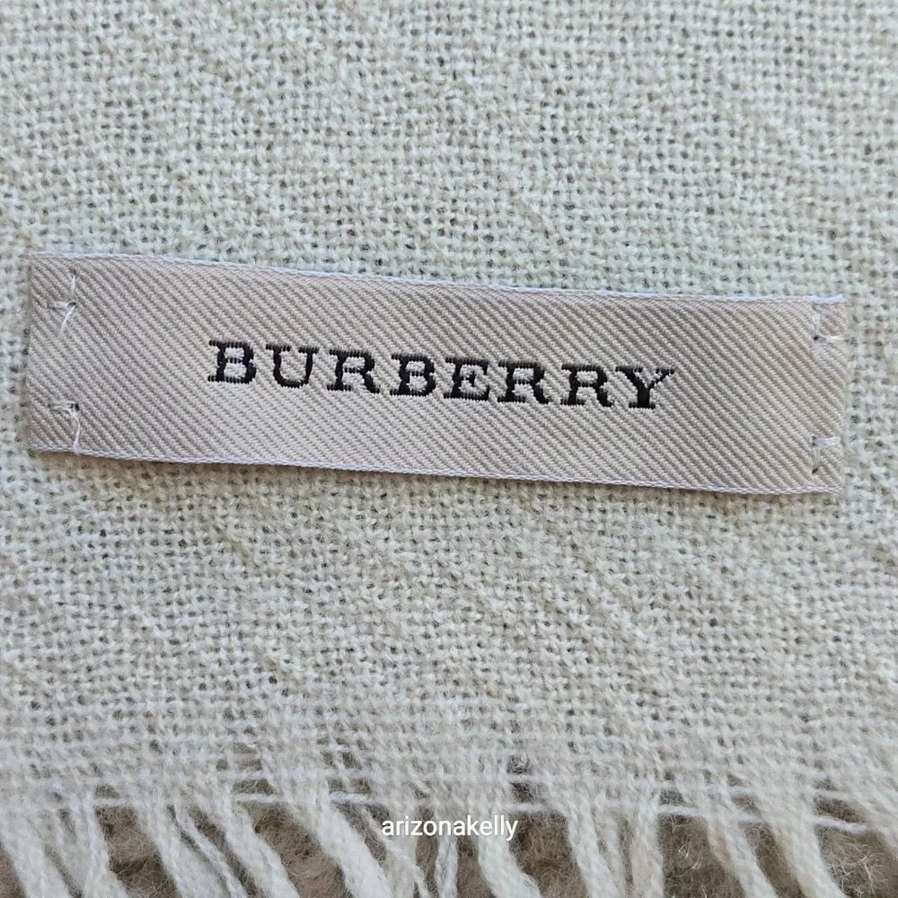 NWOT Burberry Merino Wool Square Scarf with Fringe Tan Brown & Cream - Picture 3 of 14